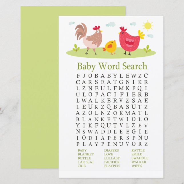 Jeu de recherche de mot de Baby shower de poulet (Devant / Derrière)