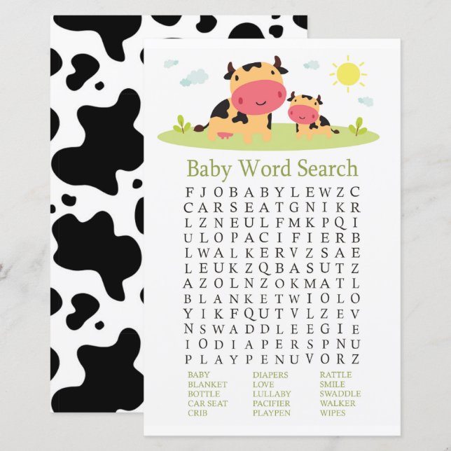 Jeu de recherche de mot de Baby shower de vache (Devant / Derrière)