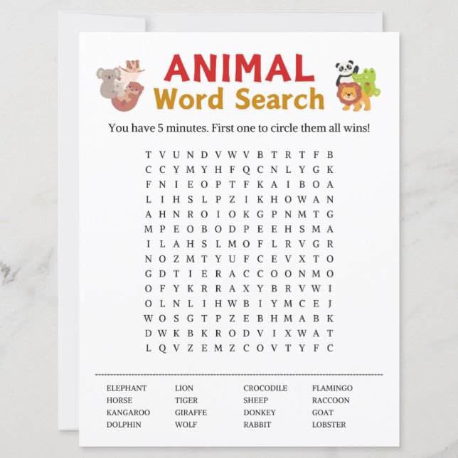 Jeu de recherche de mots animaux (Devant)