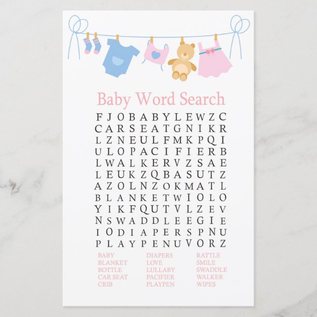 Jeu de recherche de mots Baby shower de ligne de v (Devant)
