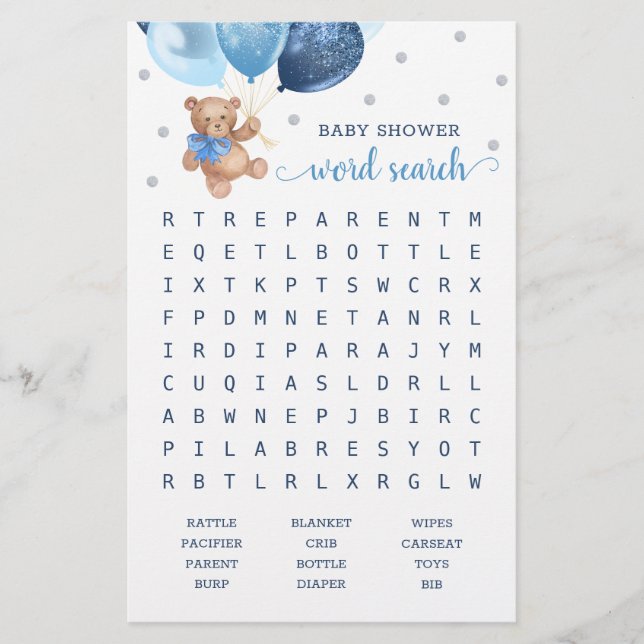 Jeu de Recherche de Mots Baby Shower Teddy Bear  (Devant)