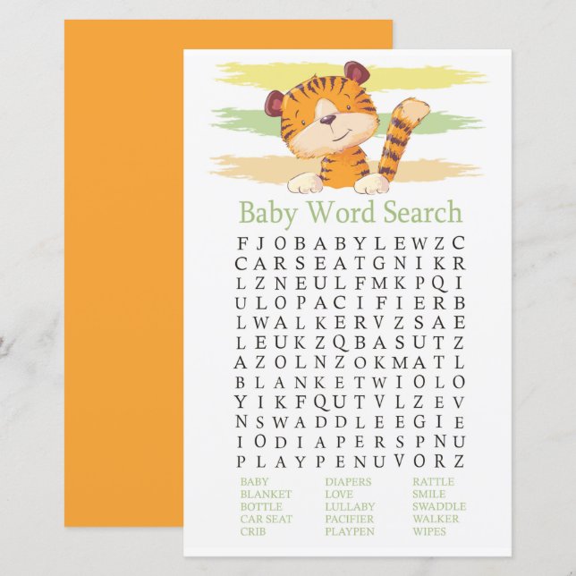 Jeu de recherche de mots Baby shower Tiger (Devant / Derrière)