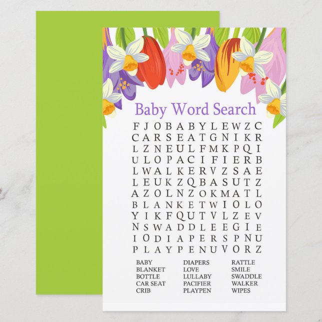 Jeu de recherche de mots Baby shower Tulip (Devant / Derrière)