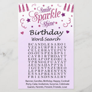 Jeu de recherche de mots d'anniversaire avec paill