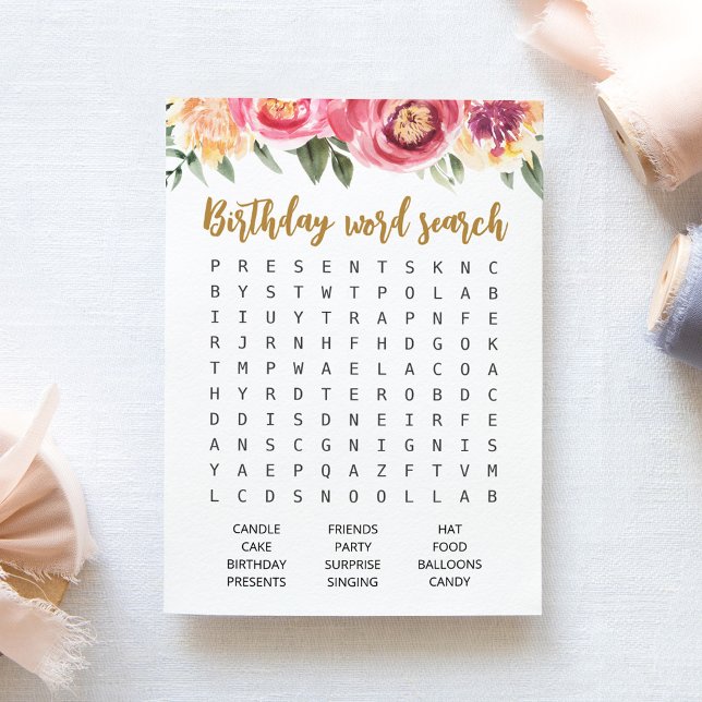 Jeu de recherche de mots d'anniversaire Carte de f (Créateur téléchargé)