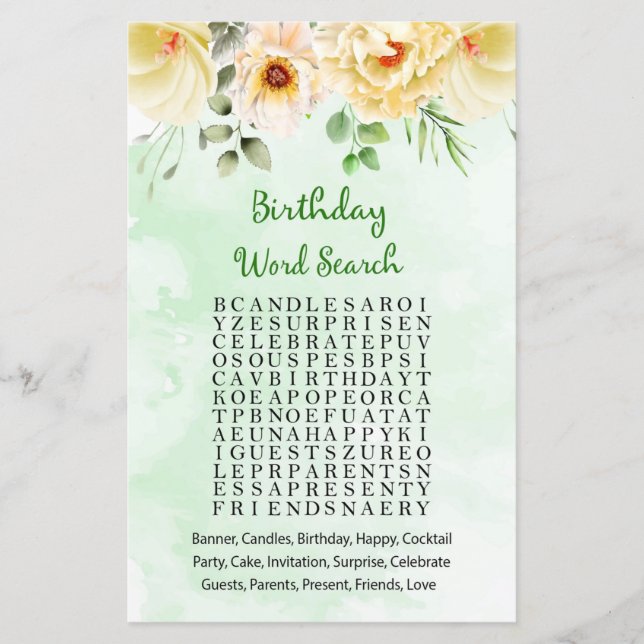 Jeu de recherche de mots d'anniversaire floral (Devant)