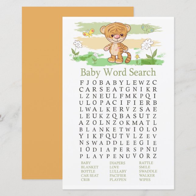 Jeu de recherche de mots de Baby shower Tiger mign (Devant / Derrière)