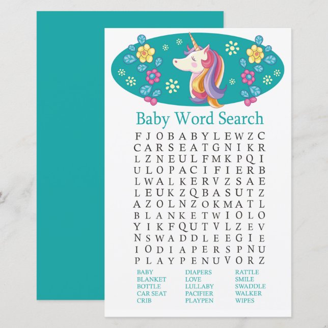 Jeu de recherche de mots de Baby shower Unicorn (Devant / Derrière)