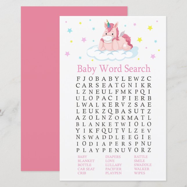 Jeu de recherche de mots de Baby shower Unicorn (Devant / Derrière)