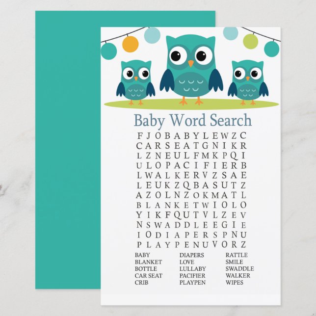 Jeu de recherche de mots du Baby shower Owl (Devant / Derrière)