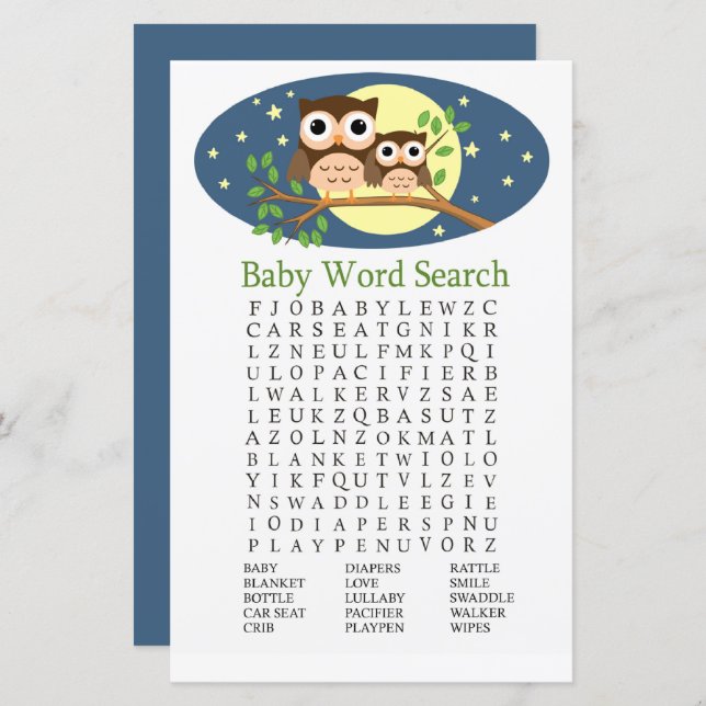 Jeu de recherche de mots du Baby shower Owl (Devant / Derrière)