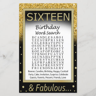 Jeu de recherche de mots pour anniversaire seize a