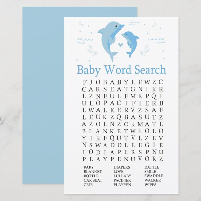 Jeu de recherche de mots pour Baby Shower Dauphin  (Devant / Derrière)