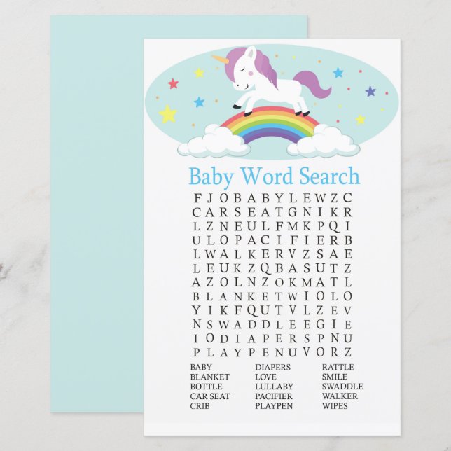 Jeu de recherche de mots pour Baby Shower Licorne (Devant / Derrière)