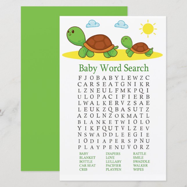 Jeu de recherche de mots pour Baby Shower Tortue (Devant / Derrière)