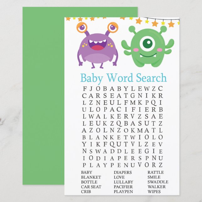 Jeu de recherche de mots pour la baby shower Monst (Devant / Derrière)