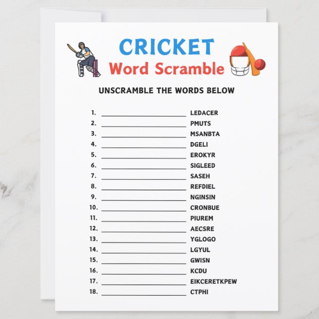Jeu de ruée au mot cricket (Devant)