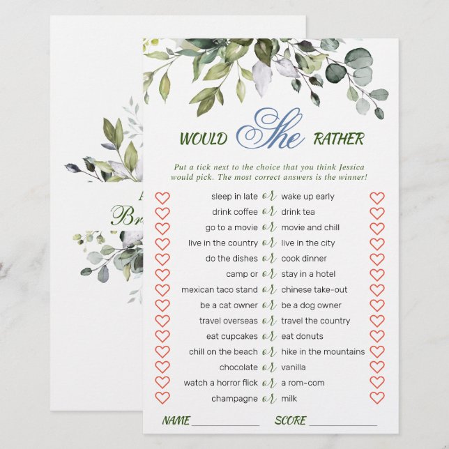 Jeu de Salle de Fête de Mariage Élégante Eucalyptu (Devant / Derrière)