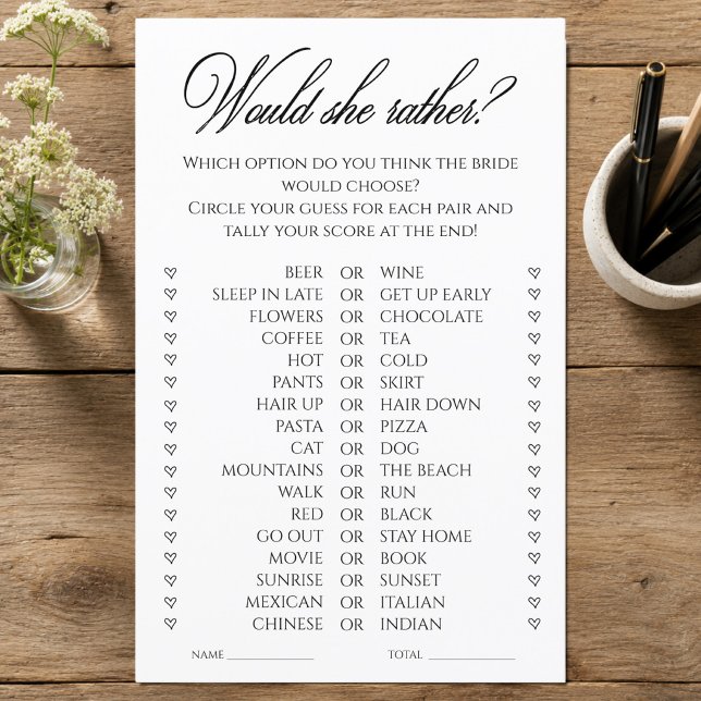 Jeu de Salle de Mariée 'Préfèrerait-Elle'  (Would She Rather Bridal Shower Game)