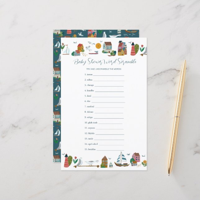 Jeu de scrabble marin côtier pour Baby Shower (Devant/Arrière en situation)