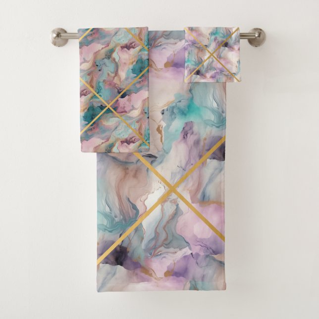 JEU DE SERVIETTES DE BAIN EN MARBRE PASTEL (En situation)