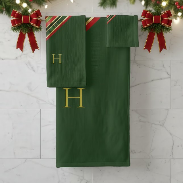 Jeu de serviettes de bain Gold Red Green Monogram (Gold Red Green Monogram Striped Christmas Bathroom Towel Set)