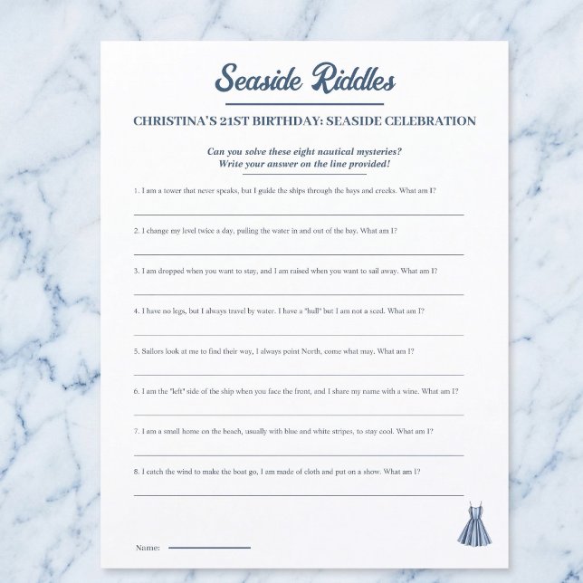 Jeu de société d'anniversaire énigmes nautiques su (Seaside party riddles.)