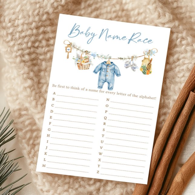 Jeu de société de nom de bébé garçon élevé localem (Blue Locally Grown Baby Shower Baby Name Race Game)