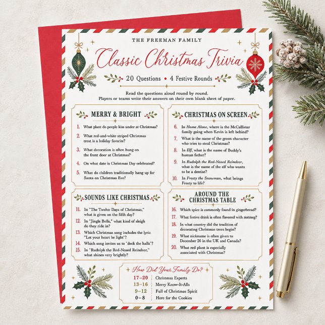Jeu de société de quiz de Noël familial classique (Classic family Christmas trivia with 20 questions in four festive rounds.)
