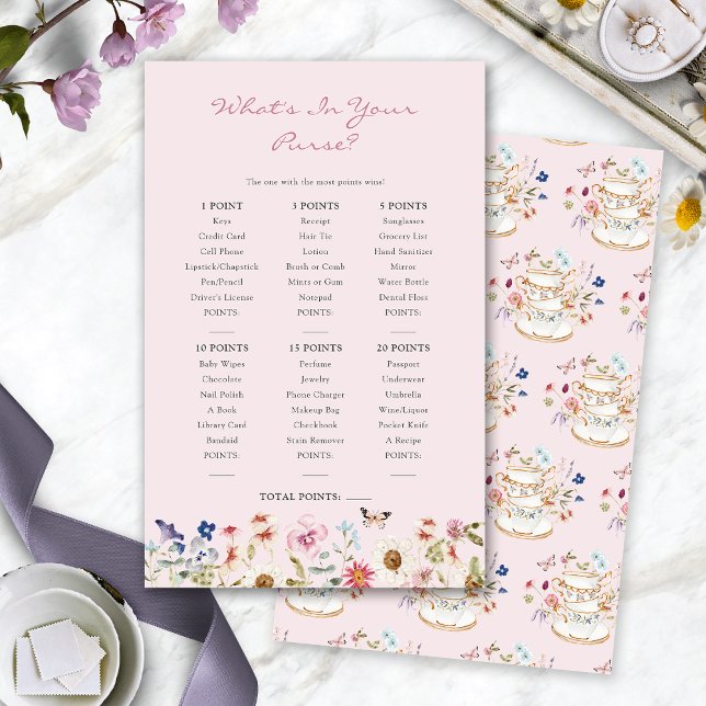 Jeu de thé Fête des mariées (Pink Bridal Shower What's In Your Purse Tea Game by Painted Paperie
)