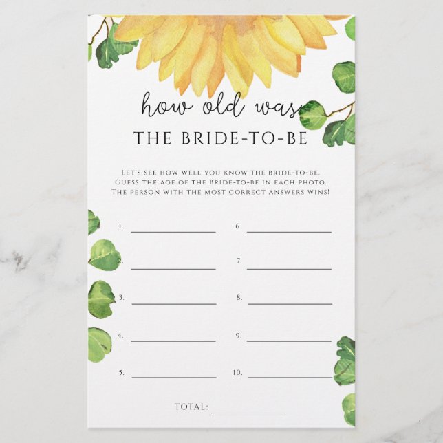 Jeu de tournesol Quel âge avait la mariée pour êtr (Devant)