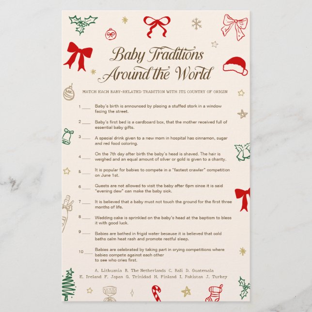 Jeu de Traditions de Bébé pour Baby Shower de Noël (Devant)