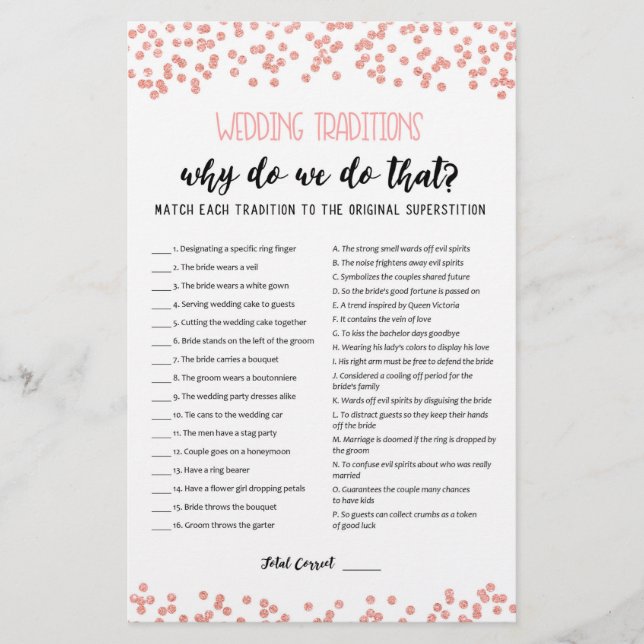 Jeu de traditions de mariage avec réponses (Devant)