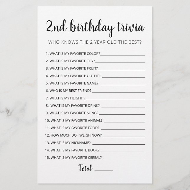 Jeu de trivia modifiable pour le 2e anniversaire (Devant)