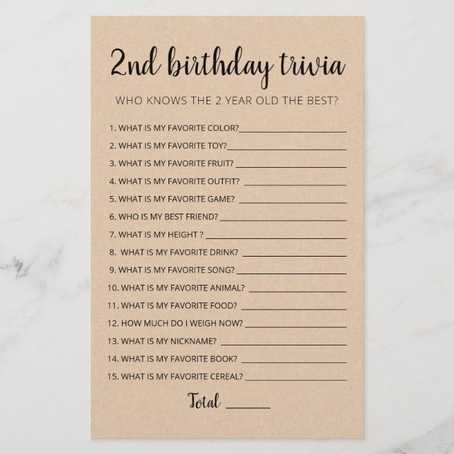 Jeu de trivia modifiable pour le 2ème anniversaire (Devant)