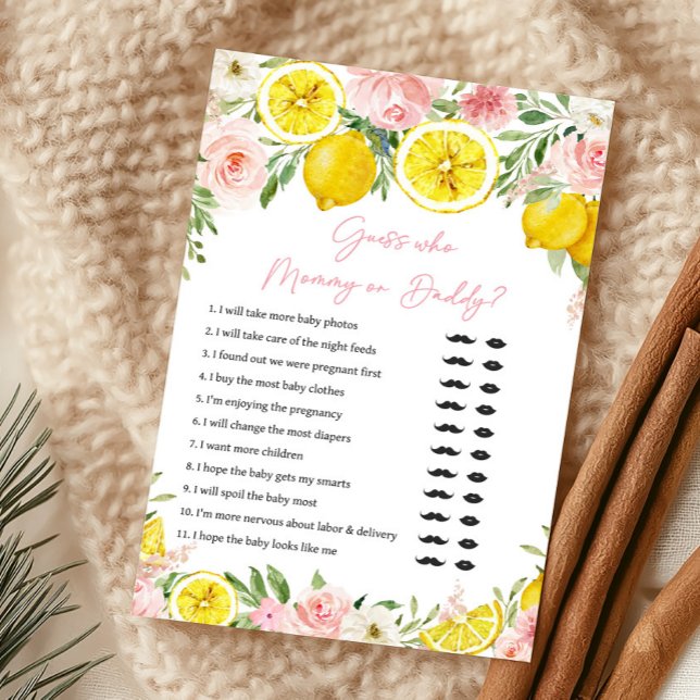 Jeu Devinez Maman ou Papa au motif floral rose et  (Summer Lemon Citrus Baby Shower Guess Who Mommy or Daddy Game)