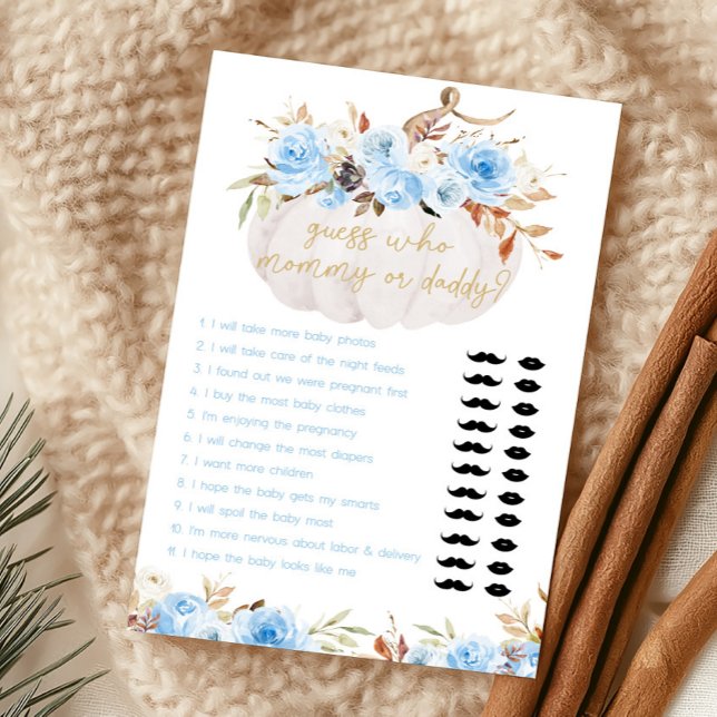 Jeu Devinez Maman ou Papa Citrouille Florale Bleue (Boy Fall Floral Baby Shower Guess Who Mommy or Daddy Game)