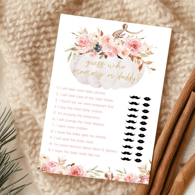 Jeu Devinez Maman ou Papa Citrouille Florale Rose (Girl Fall Pumpkin Baby Shower Guess Who Mommy or Daddy Game)