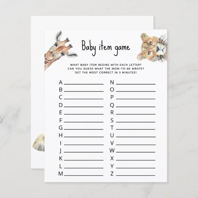 Jeu d'objets pour bébé - baby shower animaux Safar (Devant / Derrière)