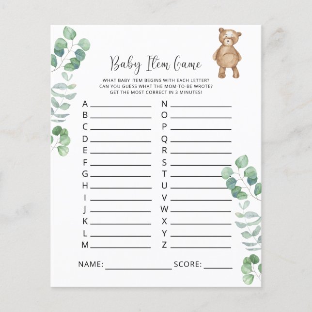Jeu d'objets pour bébé Bearly. Jeu de baby shower (Devant)