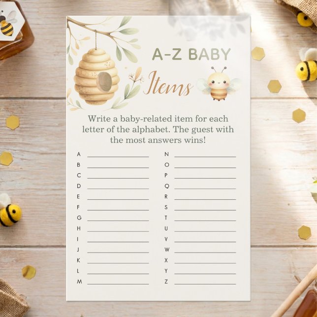 Jeu d'objets pour bébé de A à Z pour la révélation (A-Z Baby Items Baby Shower Game. He or She? What Will Baby Bee? Gender Reveal)