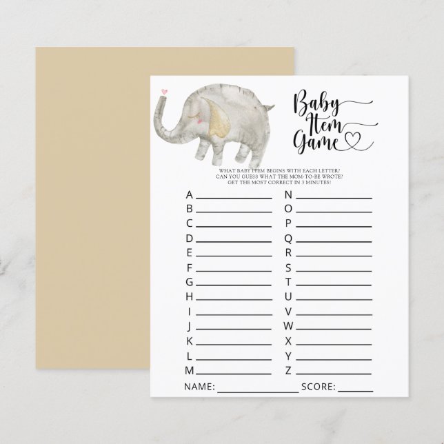 Jeu d'objets pour bébé éléphant. Jeu pour Baby Sho (Devant / Derrière)