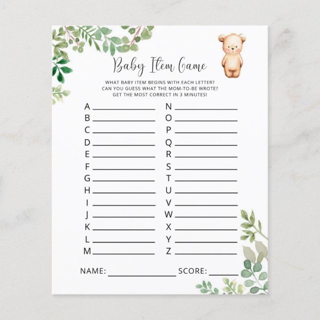 Jeu d'objets pour bébé ours. Jeu de baby shower (Devant)