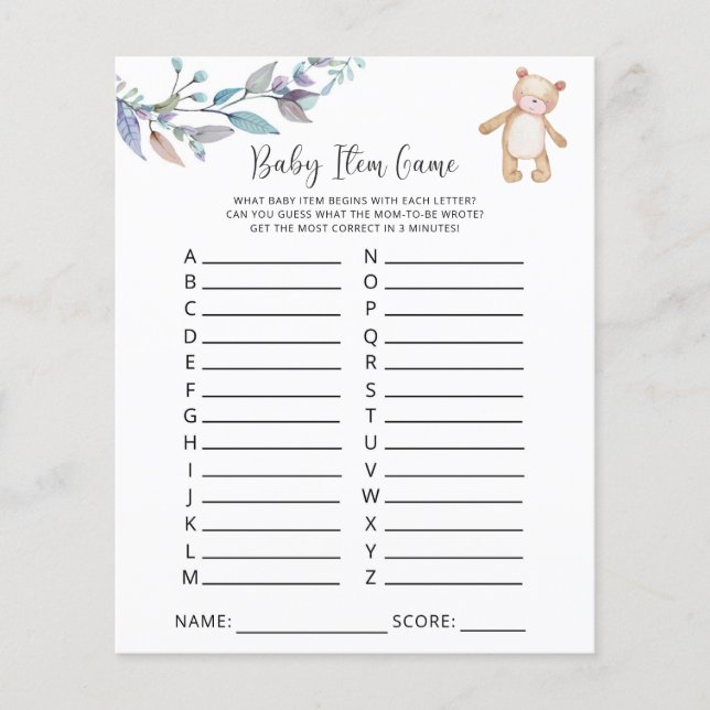 Jeu d'objets pour bébé ours. Jeu de baby shower (Devant)
