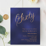 Jeu d'or bleu marine 60e anniversaire invitation<br><div class="desc">Une invitation design et moderne pour une fête du 60e anniversaire. Un arrière - plan bleu marine, de couleur inégale et le mot Sixty écrit avec d'élégantes grandes lettres de script en faux or. Personnalisez et ajoutez un nom et des détails du parti. 1 feuille = 1 invite imprimé bord...</div>