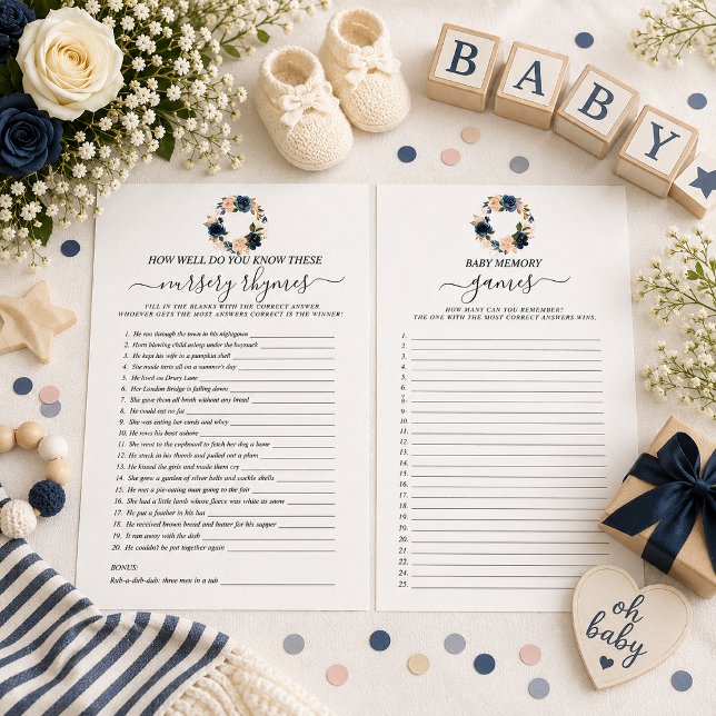 Jeu double face Baby Shower Fleurs Marine (Double sided baby shower games.)