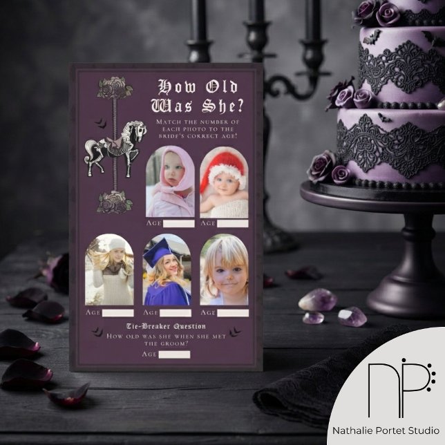Jeu du Cheval de carrousel Violet Foncé Quel âge a (Dark Purple How Old Was She gothic bridal shower game for alternative moody bridal shower party)