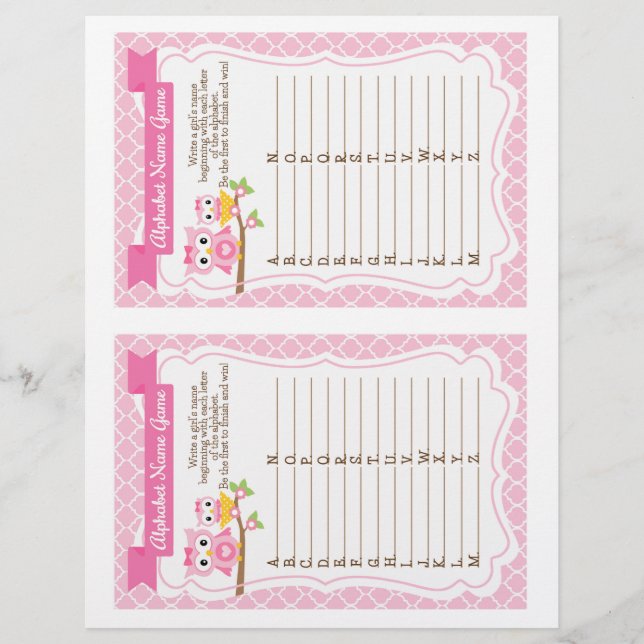 Jeu du nom alphabet du Baby shower de hibou (Devant)