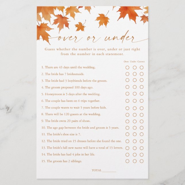 Jeu du Plus ou Moins pour la Baby Shower d'Automne (Devant)