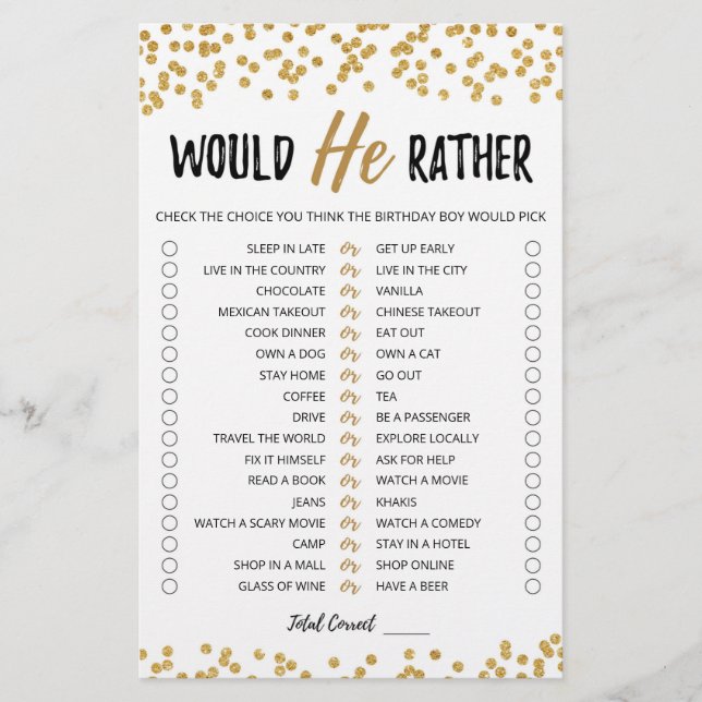 Jeu éditable de 'Would He Rather' pour anniversair (Devant)